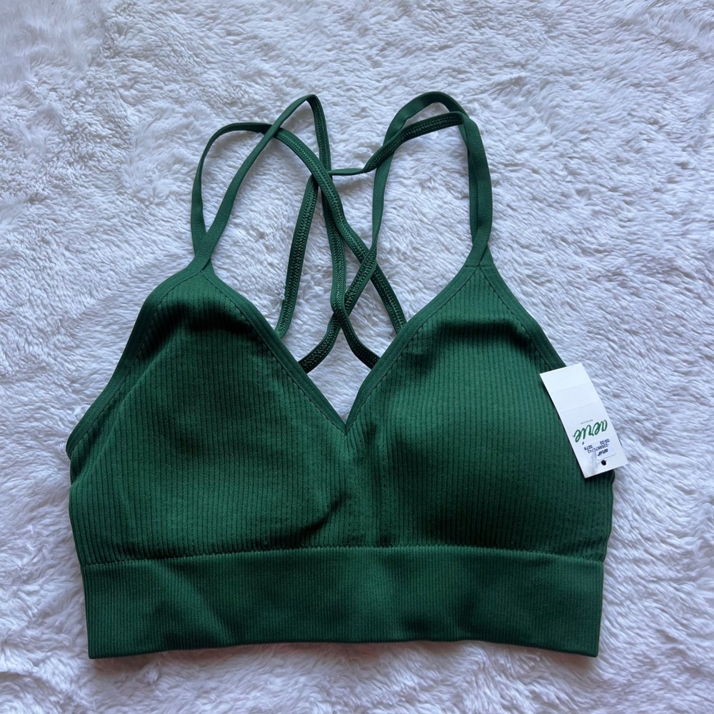 Aerie Real Good Ribbed Seamless Bralette Forest Green V-Neck Strappy Back Small